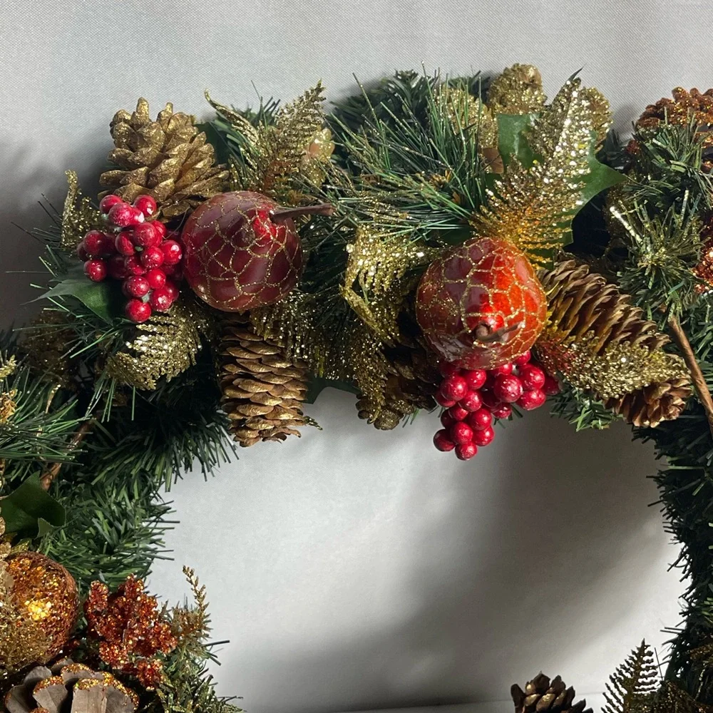 Festive Gold Pinecone & Red Berry Holiday Wreath 18” Christmas Decor